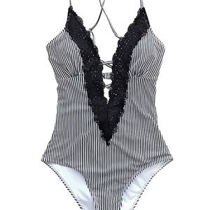 Black and White Striped Lace-Up Swimsuit
